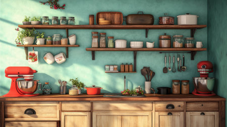A cozy and bright kitchen featuring red appliances, wooden shelves, and neatly organized jars. The warm aesthetic creates an inviting cooking space.の素材
