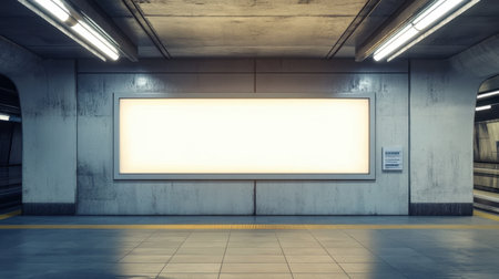 This image features an empty subway station platform showcasing a blank illuminated billboard. The modern urban design emphasizes minimalism and space, ideal for advertisements.の素材