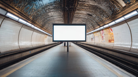 A spacious subway station showcases an empty platform with a blank advertising board. The clean lines and urban architecture invite potential travelers to envision future journeys.の素材