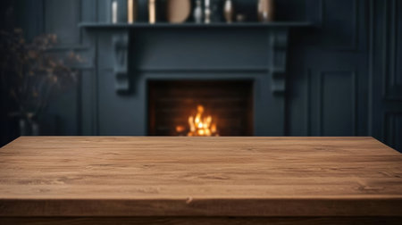 A beautifully crafted wooden table stands prominently in front of a cozy fireplace, creating a warm and inviting atmosphere ideal for home decor and lifestyle themes.の素材
