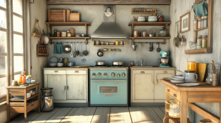 This image showcases a cozy vintage kitchen with rustic decor, featuring wooden shelves filled with cookware and jars. Sunlight floods the inviting space, creating a warm atmosphere.の素材