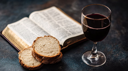 A glass of red wine and slices of bread rest beside an open book, capturing a serene moment of reflection on a dark surface, perfect for themes of spirituality or tranquility.の素材