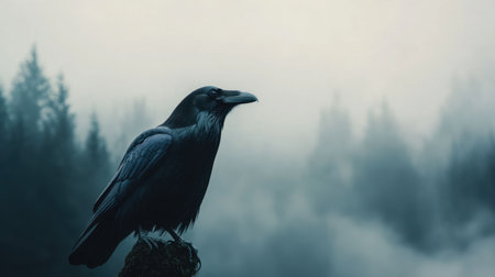 A striking silhouette of a raven perched against a foggy forest backdrop, evoking a sense of mystery and tranquility in nature's serene environment.の素材