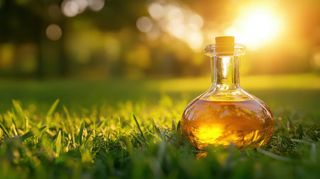 A glass flask filled with a golden liquid sits gracefully on lush green grass, illuminated by warm sunlight, capturing a serene and refreshing essence of nature.の素材