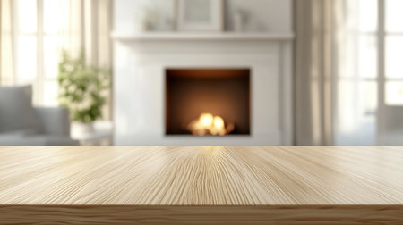 Inviting living room scene featuring a warm fireplace, natural light, and a smooth wooden table surface, perfect for creating a cozy atmosphere at home.の素材