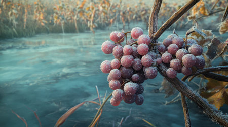 A captivating close-up of frost-covered grapes in a winter vineyard at dawn, showcasing the beauty of nature's resilience in serene surroundings.の素材