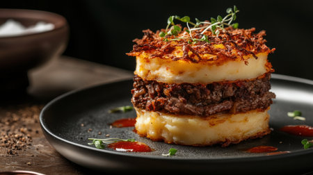 A detailed view of a savory layered dish featuring beef and creamy potato, garnished with fresh herbs and served on a dark plate, showcasing rich textures.の素材