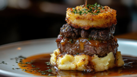 Indulge in a gourmet steak layered with crispy potato, rich sauce, and creamy mashed potato. A perfect culinary delight for meat lovers.の素材