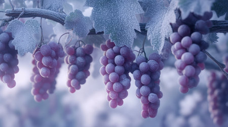 Beautiful frost-covered grapes dangle from a vine, capturing the essence of a tranquil winter scene. The icy details showcase nature's delicate beauty.の素材