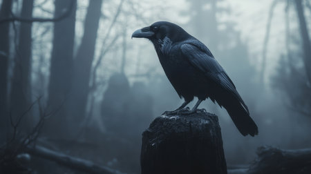 A striking raven stands on a stump amidst a foggy forest, capturing an aura of mystery and solitude. The dark atmosphere evokes a sense of tranquility and eeriness.の素材