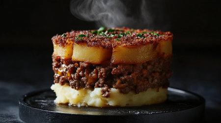 A mouthwatering layered meat and potato dish with steam rising, showcasing a blend of textures and flavors that promises to delight any food lover.の素材