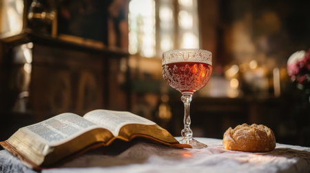 A serene still life featuring an open Bible, a fine wine glass filled with red liquid, and a piece of bread, all set on a beautifully lit table.の素材