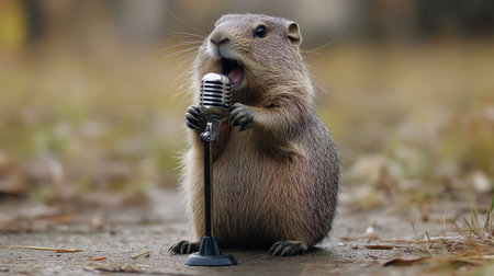 Adorable rodent stands on a small stage with a microphone, singing joyfully. Captivating moment showcases the fun and humor of wildlife in an outdoor setting.の素材
