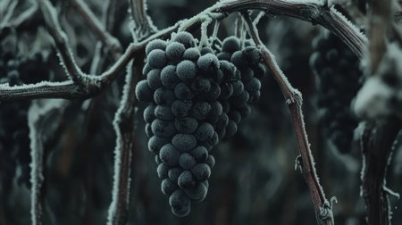 Beautiful close-up of frosted black grapes hanging from a vine, highlighting the cold winter environment. The scene captures nature's serene beauty and the uniqueness of seasonal growth.の素材