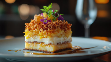Explore this exquisite dessert featuring layers of creamy sweetness, a crispy topping, and vibrant edible flowers, perfect for culinary enthusiasts and food photography.の素材
