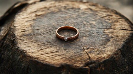 A stunning rose gold engagement ring featuring a sparkling diamond, elegantly placed on a rustic wooden surface, symbolizing love and commitment in nature.の素材