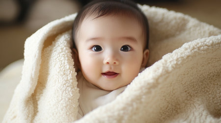 This delightful image features an adorable baby wrapped snugly in a soft blanket, radiating happiness and joy. The innocent expression captures warmth and tenderness.の素材