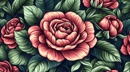 A captivating floral pattern featuring vibrant roses and lush green leaves, perfect for backgrounds, wallpaper designs, and decorative artwork.の素材