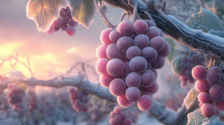 A stunning closeup of frosty grapes hanging from a vine, illuminated by soft morning light. This tranquil winter scene showcases the delicate beauty of nature.の素材