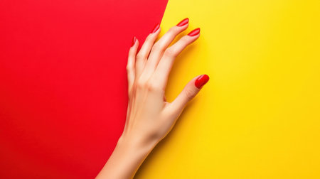 A close-up image of a hand with red nails positioned on a striking red and yellow background, showcasing modern beauty and colorful aesthetics in a minimalistic style.の素材