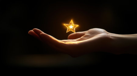 A delicate hand holds a glowing golden star, symbolizing inspiration and dreams. The dramatic dark background enhances the enchanting ambiance of the moment.の素材