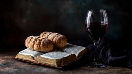 A beautiful still life featuring fresh bread rolls on an open book with a glass of red wine, creating a warm and inviting atmosphere perfect for relaxation and enjoyment.の素材