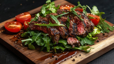 Experience a mouthwatering grilled steak displayed on a wooden platter. Accompanied by fresh arugula and cherry tomatoes, this dish highlights vibrant colors and gourmet appeal.の素材
