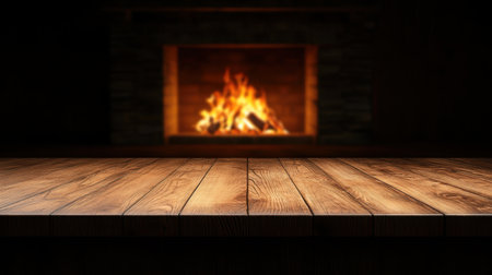 A charming wooden tabletop with a warm fireplace backdrop creates a cozy atmosphere perfect for relaxation and comfort in a home setting.の素材