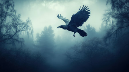 A stunning raven soars gracefully through a foggy forest, embodying nature's mystery and beauty. The scene captures an enchanting atmosphere at dusk.の素材