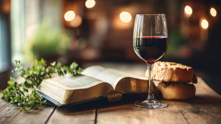 A serene indoor setting featuring a glass of red wine beside a book and fresh bread, perfect for an evening of indulgence and relaxation.の素材