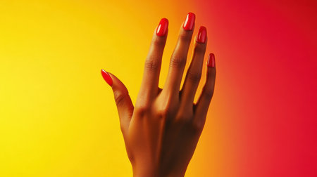 A beautifully manicured hand with red nail polish extends gracefully against a stunning gradient background of yellow and orange.の素材