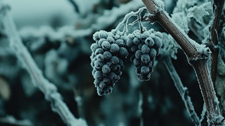 Frost-covered grapes hang delicately from a vine, showcasing the beauty of nature in a chilly winter landscape. The icy details create a stunning visual contrast.の素材