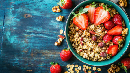 A vibrant bowl of nutty granola topped with fresh strawberries, placed on a rustic wooden table. Perfect for healthy breakfast or snack ideas.の素材