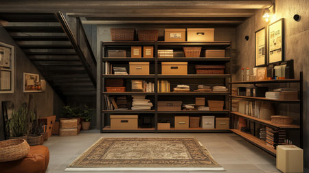 A cozy home library featuring sleek shelves filled with books, stylish baskets, and a soft area rug. Perfect for a relaxing reading nook or home office space.の素材