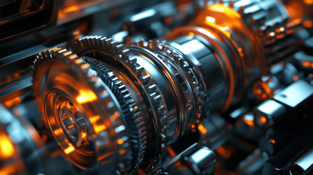 A detailed close-up of interlocking gears and mechanical components bathed in an orange glow. This image highlights the intricate design and textures of modern technology.の素材