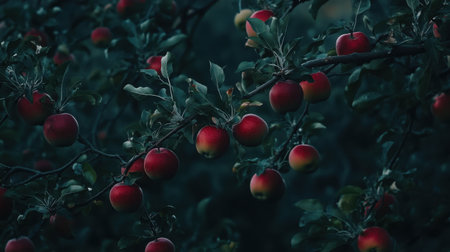 A close-up view of fresh red apples hanging from branches, surrounded by dark green leaves. This image captures the beauty of nature and the essence of harvest season.の素材