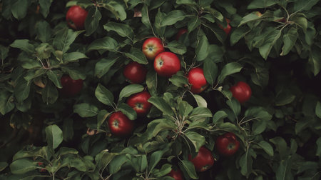 A vibrant view of fresh red apples nestled among lush green leaves, showcasing the beauty of nature and the bounty of a fruitful harvest. Perfect for food-related projects.の素材