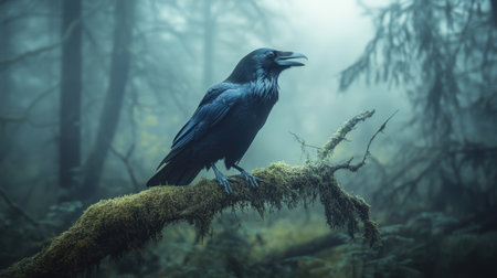 This captivating image features a raven perched on a moss-covered branch in a fog-drenched forest, evoking a sense of mystery and wilderness.の素材