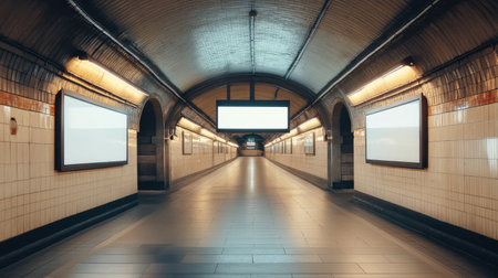 A spacious subway tunnel showcasing clean lines and soft lighting, ideal for transport themes or urban exploration. The empty corridor features blank billboards, creating a tranquil atmosphere.の素材