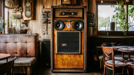 A vintage speaker cabinet stands prominently in a cozy cafe, showcasing rustic wood decor and creating a warm, inviting atmosphere filled with charm.の素材