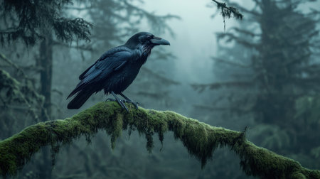 A raven sits elegantly on a moss-covered branch, surrounded by a fog-drenched forest. The serene atmosphere evokes a sense of mystery and tranquility in nature.の素材