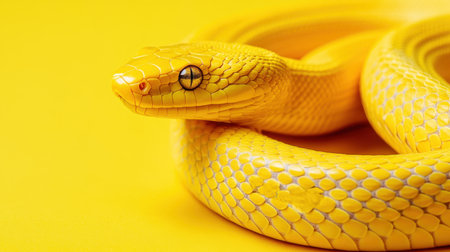 This striking image features a vibrant yellow snake coiled against a bright yellow background. The detailed scales and captivating eye create a mesmerizing focal point for nature lovers and reptile enthusiasts.の素材