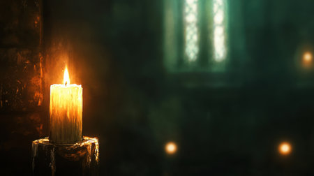 A flickering candle casts a warm glow, creating a serene atmosphere. The soft light enhances the mysterious ambiance of the dark room, inviting contemplation.の素材