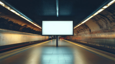 An empty subway station featuring a blank advertisement space, surrounded by dark tunnels and illuminated by artificial lights, capturing a poignant moment of solitude.の素材