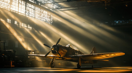 A stunning vintage aircraft sits in a hangar, illuminated by dramatic sunlight beams. The scene captures the essence of aviation history and nostalgia, showcasing intricate details and the atmosphere of an aircraft museum.の素材