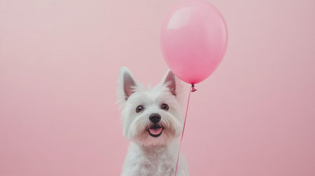 A cute white dog holds a pink balloon, sitting against a soft pink background. This playful and joyful scene captures the essence of happiness and companionship.の素材