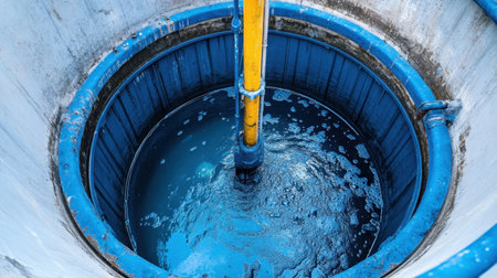A close-up view of an industrial water treatment tank featuring stirring equipment. The vibrant blue water and circular design highlight the process of water purification.の素材
