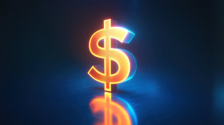 A vibrant neon dollar sign radiates light in a dark setting. This glowing symbol represents wealth and financial success, perfect for business themes.の素材