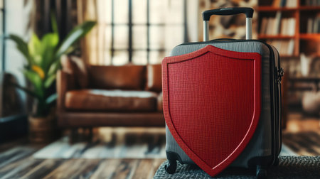 A stylish suitcase featuring a protective shield design in a modern living space. This cozy interior showcases furniture and decor that highlight comfort and travel readiness.の素材