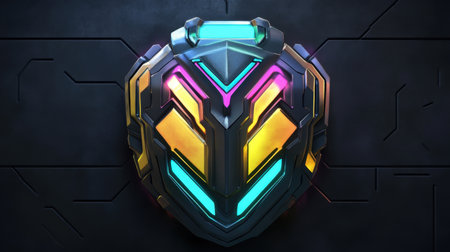 This vibrant futuristic shield icon features a captivating design with neon lights and geometric shapes. Perfect for technology and digital themes.の素材